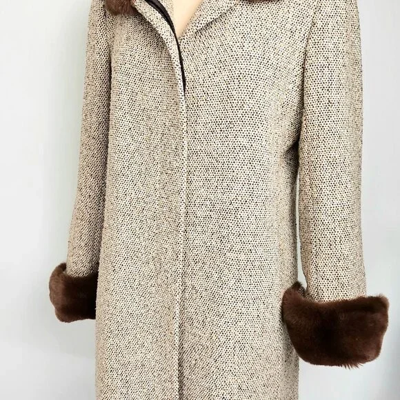 Via Spiga Wool Blend Tweed Coat Rex Rabbit Fur Trim Size 10 - Picture 11 of 16